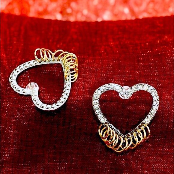 Silver Crystal Hearts Multi Gold Hoops Dangle Statement Earrings NEW - Picture 1 of 4
